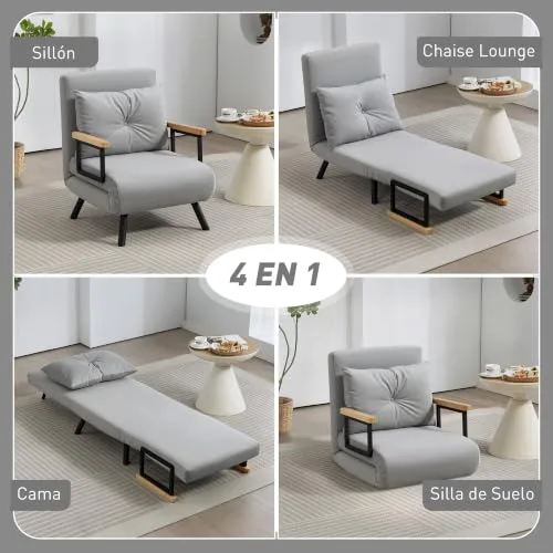 HOMCOM ▫️ Sofá-cama de 1 lugar, 4 em 1, dobrável, 63 x 73 x 81 cm, cinzento claro 4
