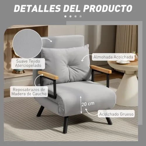 HOMCOM ▫️ Sofá-cama de 1 lugar, 4 em 1, dobrável, 63 x 73 x 81 cm, cinzento claro 6
