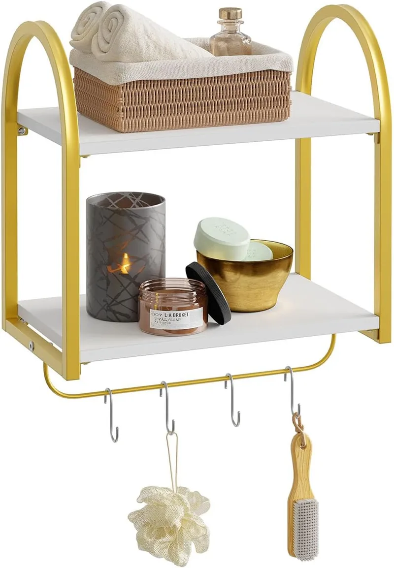 Bestier ▫️ 40 × 24 × 44 cm Prateleira suspensa de 2 níveis, prateleira de cozinha de estilo industrial para fixar na parede com tubo redondo e gancho, prateleira de parede em madeira para decoração e arrumação, prateleira