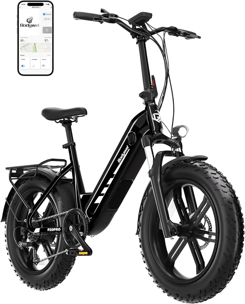 Bodywel ▫️ F20Pro Bicicletas Elétricas para Adultos, e-Bike Todo-o-Terreno 20x4”, Bateria 48 V 20 Ah, Motor Bafang de 250 W, 7 velocidades, suspensão ajustável, travões de disco duplos – dobrável