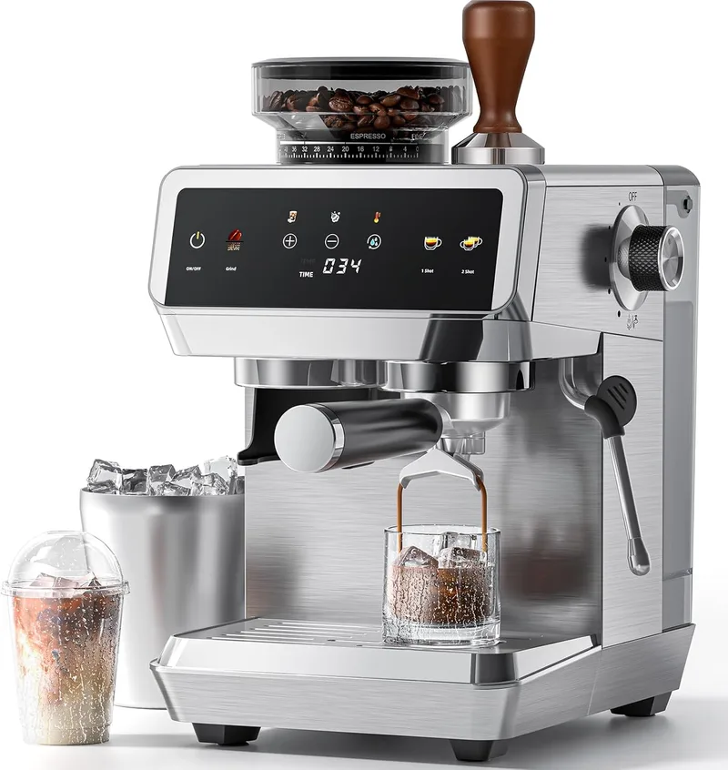 AMZCHEF ▫️ Máquina de café expresso com moedor integrado de 20 bar – Máquina de café com 44 níveis de moagem, vaporizador de leite, 4 temperaturas, função de café frio, aço inoxidável, depósito de 1,8 L