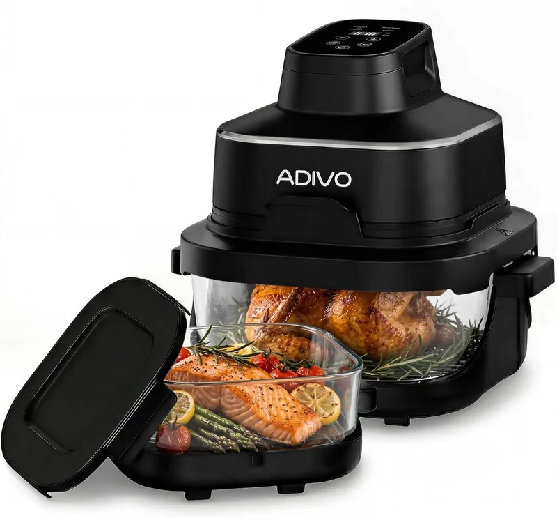 ADIVO ▫️ Fritadeira de ar quente com recipiente de vidro 4 L/1,5 L, 1500 W, recipiente de vidro transparente, capacidade dupla, 4 modos, sem óleo nem revestimento, lavável na máquina de lavar louça, portátil para acampamento/escritório, cozinha saudável e rápida