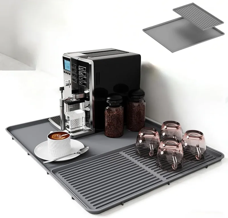 IYYI ▫️ Tapete de silicone para máquinas de café – Tapete de secagem antiderrapante 2 em 1 e protetor de bancada resistente ao calor para máquinas de café e escorredores de pratos (Cinzento – 50 × 40 cm)