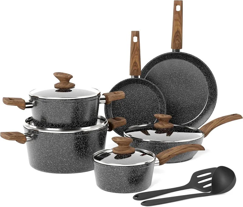 Kitchen Academy ▫️ Conjunto de tachos e panelas (12 peças, revestimento antiaderente, com tampa, tachos e panelas para indução, fogões a gás e micro-ondas, cor preta)