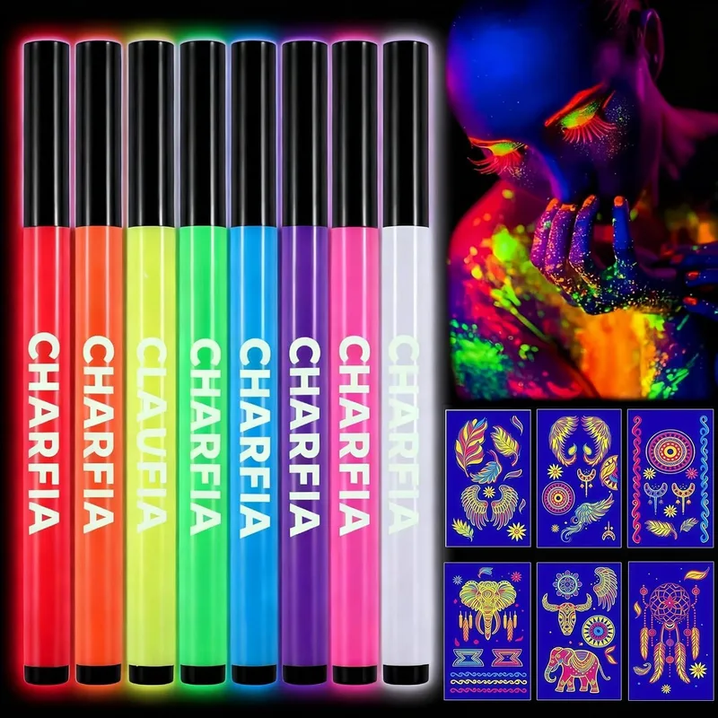 Charfia ▫️ Conjunto de maquilhagem para o Halloween, 8 lápis de pintura facial, 6 tatuagens, maquilhagem infantil, cores fluorescentes, espelho em forma de coruja, maquilhagem infantil, cores para pintura corporal, acessórios para