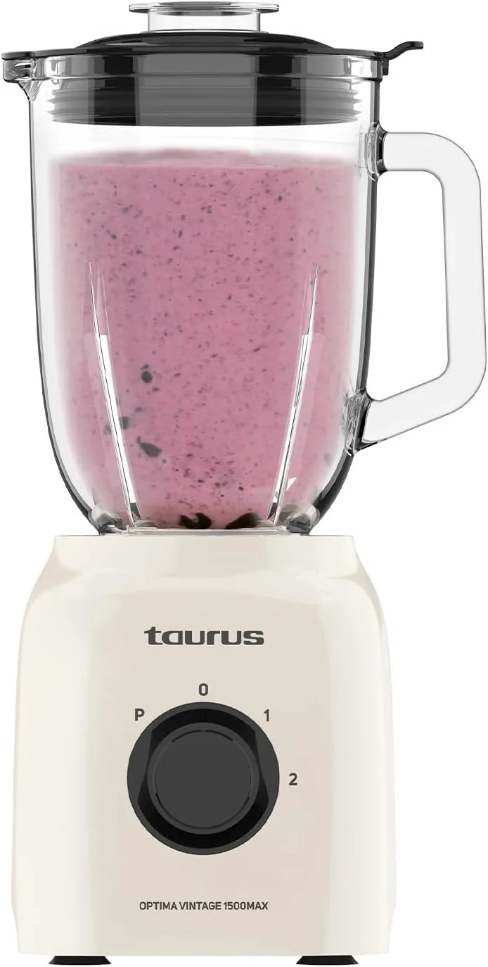 Taurus ▫️ Liquidificador de vidro Potente 1500W | 21.500 rpm | Jarro de vidro de 1,5L | Lâminas de aço inoxidável | Função triturador de gelo | 2 velocidades + Turbo | Seguro | Design vintage