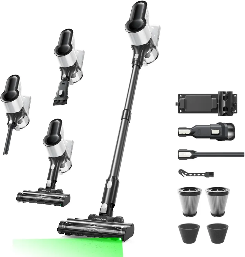 VACTechPro ▫️ Aspirador sem fio 550W/50Min/50KPA F02 Lite, Aspirador de vassoura sem fio com filtragem de 8 camadas, Aspirador vertical para Pavimenti/Tappeti/Peli, Aspirador sem fio, Preto e branco