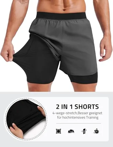 PINSPARK ▫️ Calções desportivos 2 em 1 para homem, com design respirável, forro de compressão e bolsos 3