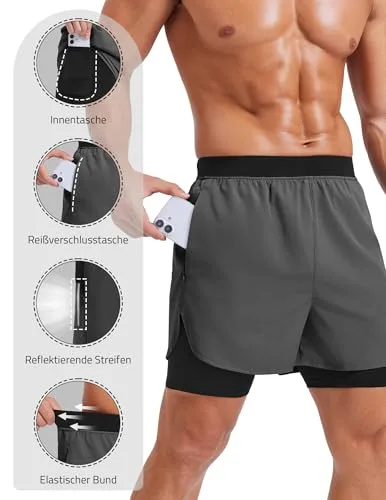 PINSPARK ▫️ Calções desportivos 2 em 1 para homem, com design respirável, forro de compressão e bolsos 4