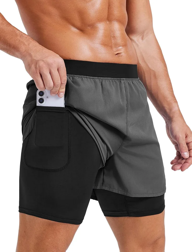 PINSPARK ▫️ Calções desportivos 2 em 1 para homem, com design respirável, forro de compressão e bolsos