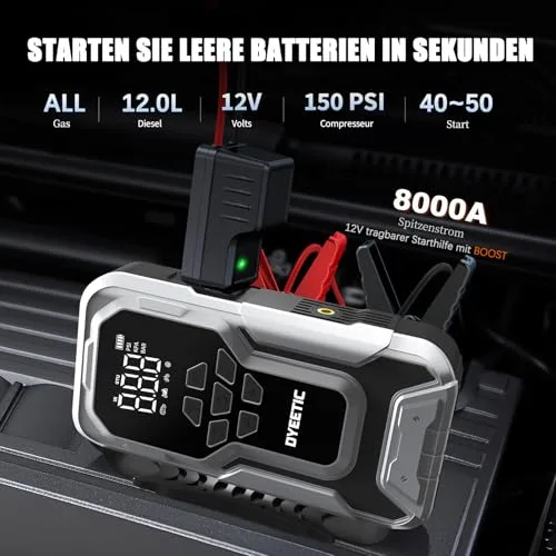 DYEETIC ▫️ Arrancador de bateria para automóvel de 8000 A com compressor de 150 PSI, arrancador de bateria externo de 12 V para todos os veículos a gasolina ou a gasóleo de 12 L, carregamento rápido de 18 W com cabo de arranque 2