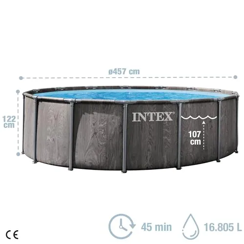 Intex ▫️ Piscina desmontável, Greywood Prism Frame Premium, D457 x 122 cm, capacidade de 16 805 litros, escada, forro, cobertura, filtro de cartucho, montagem em 45 minutos, Ligações Ø32 mm (56093) 5