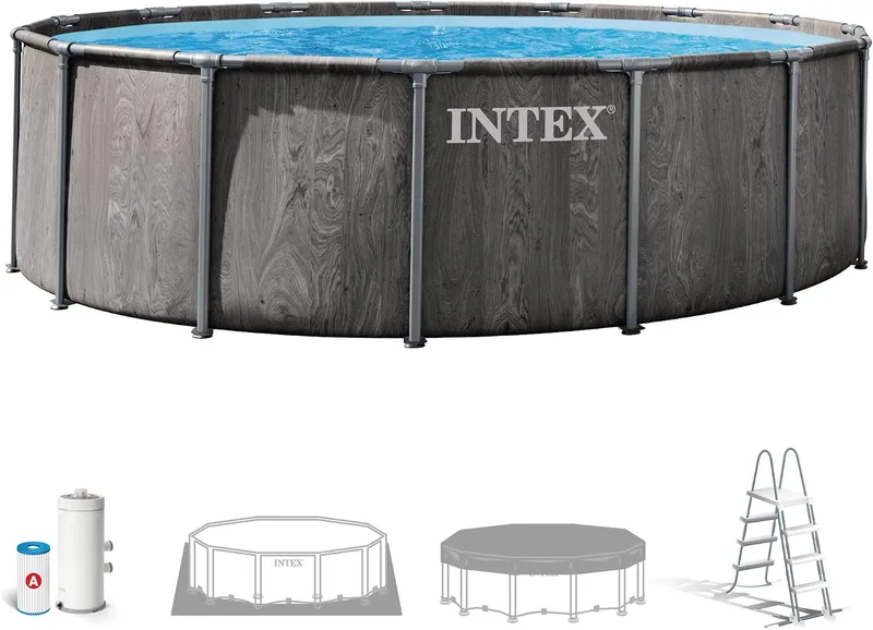 Intex ▫️ Piscina desmontável, Greywood Prism Frame Premium, D457 x 122 cm, capacidade de 16 805 litros, escada, forro, cobertura, filtro de cartucho, montagem em 45 minutos, Ligações Ø32 mm (56093)
