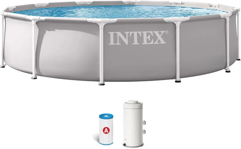 Intex ▫️ Piscina desmontável, cinzenta, D366 x 76 cm, capacidade para 6 503 litros, estrutura metálica, ideal para 5 pessoas, montagem em 30 minutos, inclui sistema de purificação, ligações de Ø32 mm (56081)