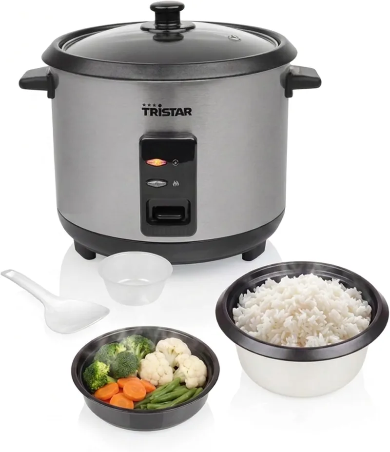 Tristar ▫️ Panela de Arroz Capacidade de 1,5 L, Corpo em Aço Inoxidável, Tabuleiro para Cozedura a Vapor, Desligamento Automático, Função de Manutenção de Calor, 500 W, RK-6145