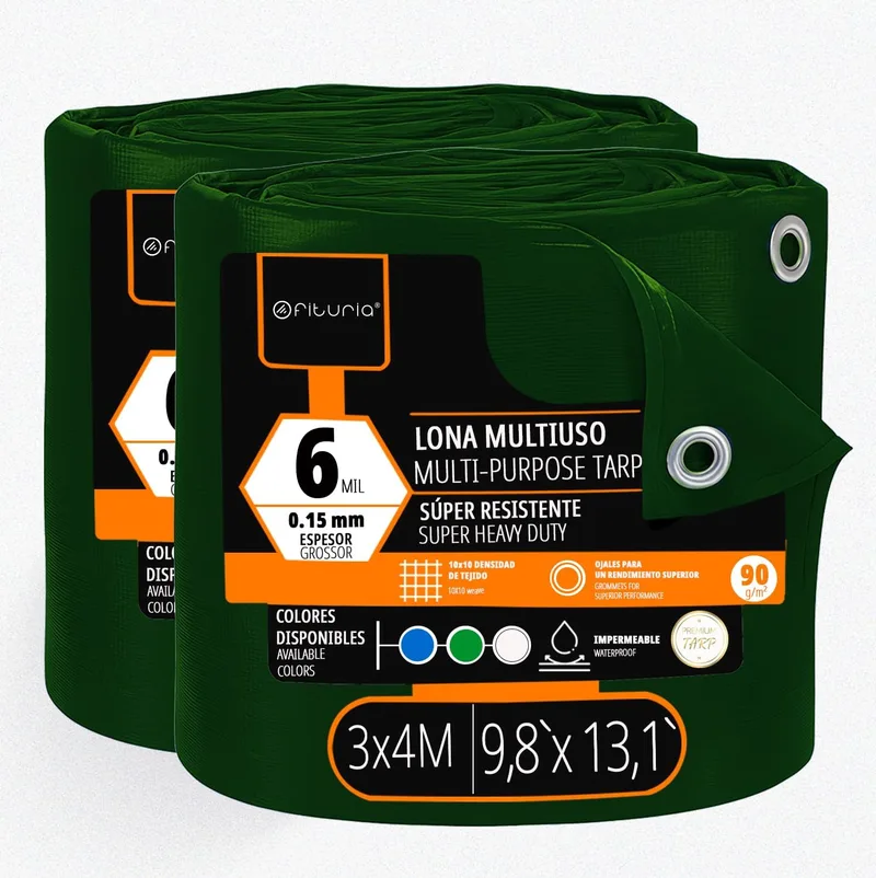 OFITURIA ▫️ Lona Multiusos Impermeável 3 x 4 m Verde, Conjunto de 2 unidades, Ideal para Cobrir e Proteger Móveis e Equipamentos no Exterior, no jardim, em acampamentos e em obras (3x4m, 2 unidades)