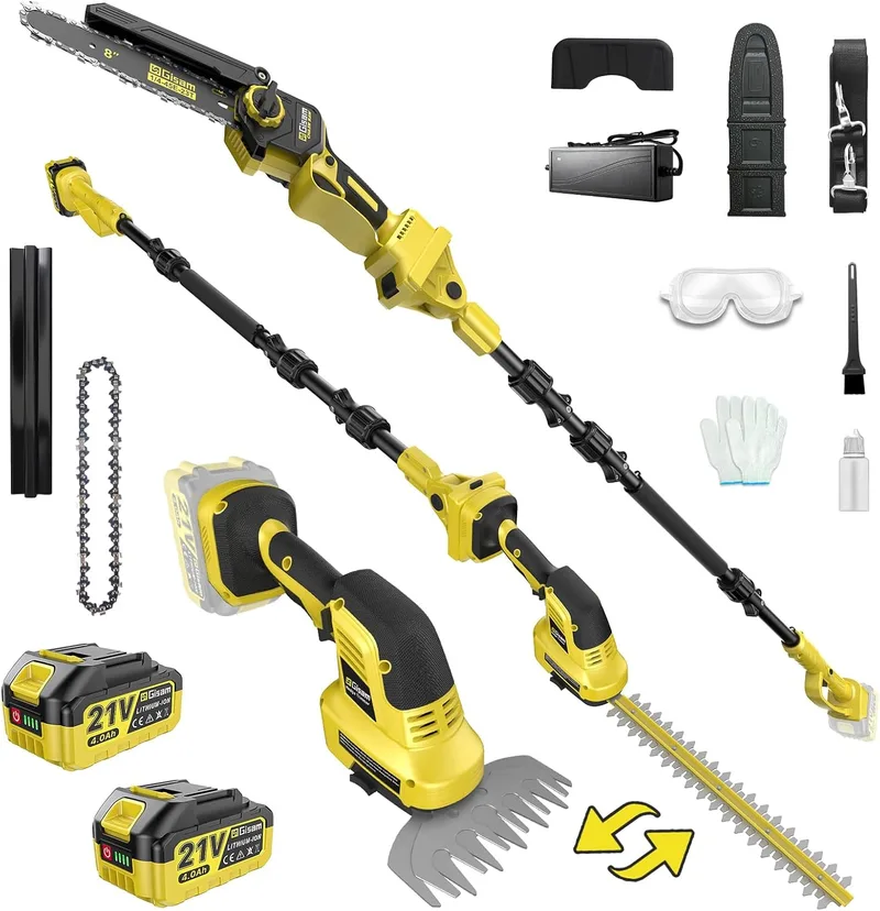 Gisam ▫️ Mini motosserra e corta-sebes alimentada por bateria 6 em 1, motosserra eléctrica de 8 polegadas, baterias 2×4,0Ah, motor sem escovas de 2500W 45000RPM, ajustável 0-180°, para Makita 18V, 4,2m para aparar sebes e sebes