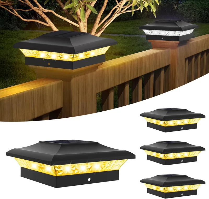 T-SUNUS ▫️ Luzes solares para postes exteriores, candeeiros solares para postes 9x9 e 10x10, lâmpadas para postes exteriores com classificação IP65, resistentes para cercas, madeira e plataformas de jardim, 4 unidades (3000K/6000K)
