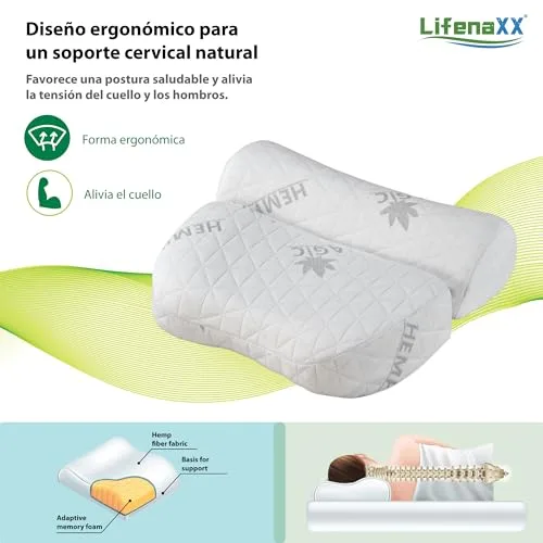 Lifenaxx ▫️ Almofada cervical de cânhamo LX-053 – Almofada ergonómica de espuma viscoelástica com capa lavável – Apoio natural para o pescoço, respirável e confortável 2