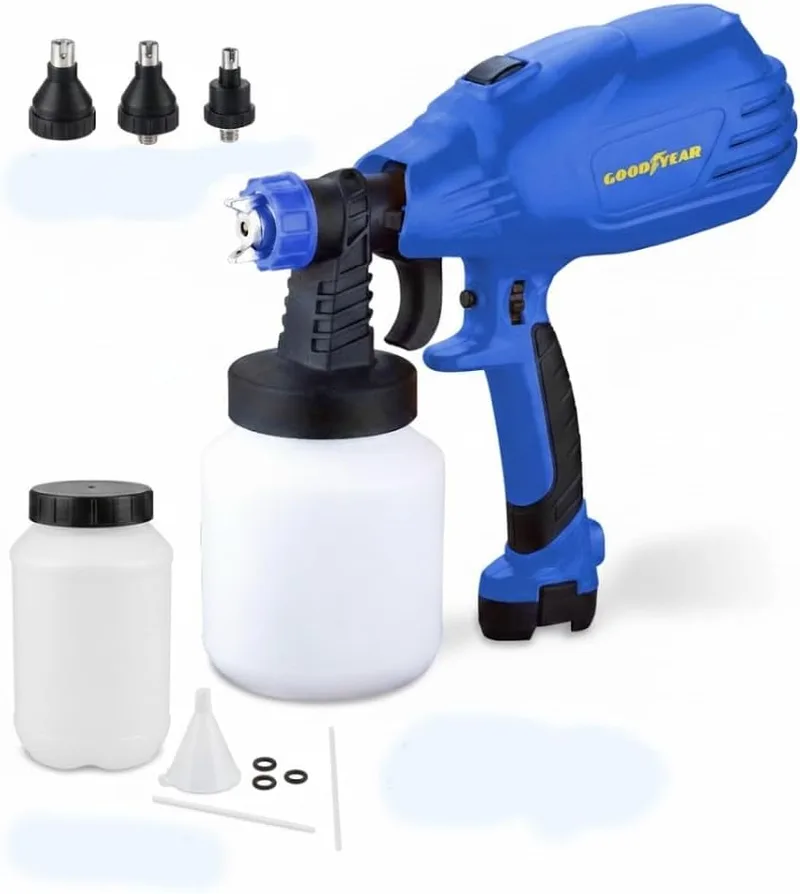 Goodyear ▫️ Pistola de pintura elétrica de 450 W, turbina para pintar paredes e tetos com 3 bicos intercambiáveis, pistola para envernizar móveis e aplicar verniz, reservatório de 1 L, 38 000 RPM