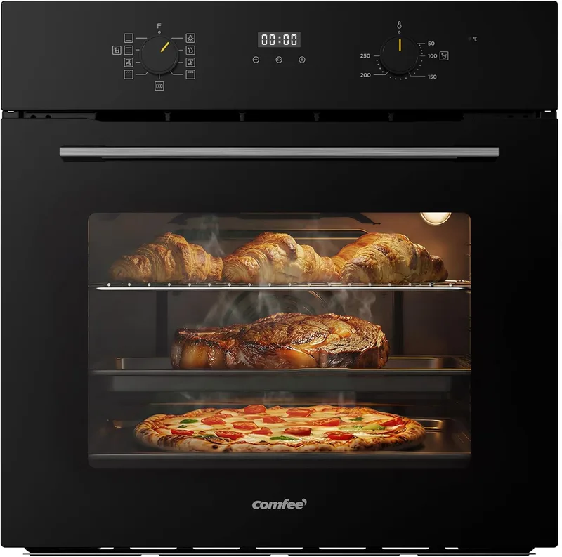 Comfee ▫️ Forno elétrico multifunções para pizza «», para encastrar, com convecção, 1 tabuleiro e 1 grelha, limpeza Aquactiva, 70 L, 7 funções, ventilador, cavidade esmaltada, porta fria, CBO70M80D2-BK [Classe A]