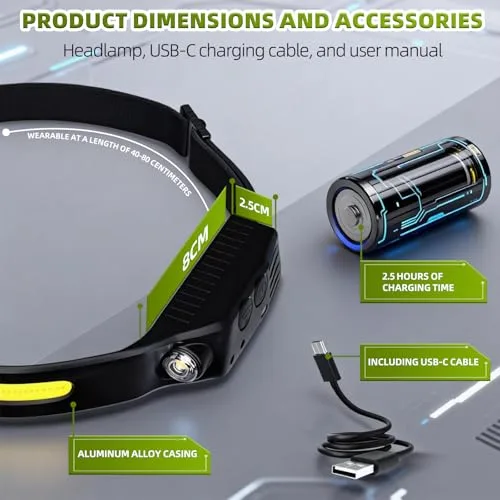 AHYDFSR ▫️ Conjunto de 4 lanternas frontais, lanterna frontal LED recarregável via USB-C, lanterna de cabeça, sensor de movimento, 5 modos de iluminação, ângulo de 230°, lanterna frontal de cabeça para campismo, pesca, caminhadas e trabalhos de manutenção 2