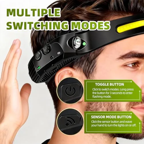 AHYDFSR ▫️ Conjunto de 4 lanternas frontais, lanterna frontal LED recarregável via USB-C, lanterna de cabeça, sensor de movimento, 5 modos de iluminação, ângulo de 230°, lanterna frontal de cabeça para campismo, pesca, caminhadas e trabalhos de manutenção 3
