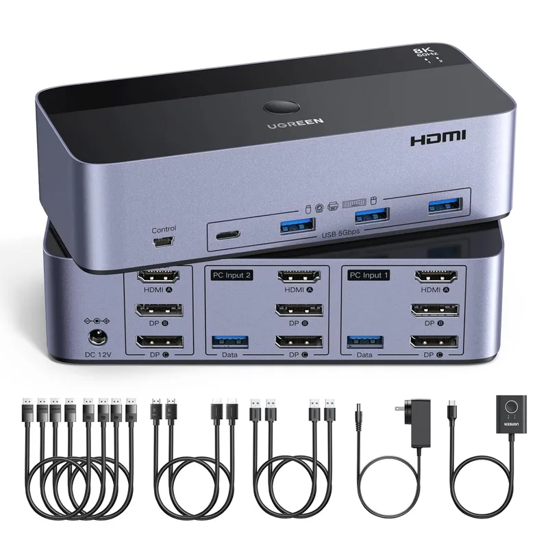 UGREEN ▫️ KVM Switch HDMI+DP 2.0 2 Entradas 3 Saídas 8K 60 Hz KVM Switch para 2 PCs com 4 portas USB 3.0 5Gbps para Teclado Rato Disco Rígido compatível com Windows Linux macOS
