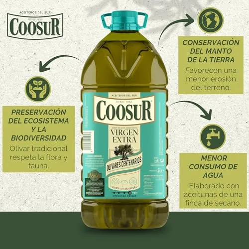 COOSUR ▫️ Azeite Virgem Extra de Oliveiras Centenárias, Garrafa de 5 L. 100% AOVE proveniente de azeitonas da variedade Picual, de oliveiras centenárias da nossa quinta Las Chozas, em Sabiote, Jaén. Aromático e intenso. 2