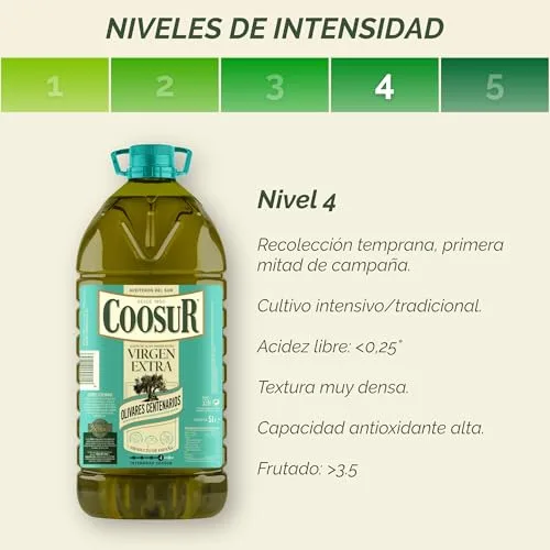 COOSUR ▫️ Azeite Virgem Extra de Oliveiras Centenárias, Garrafa de 5 L. 100% AOVE proveniente de azeitonas da variedade Picual, de oliveiras centenárias da nossa quinta Las Chozas, em Sabiote, Jaén. Aromático e intenso. 6