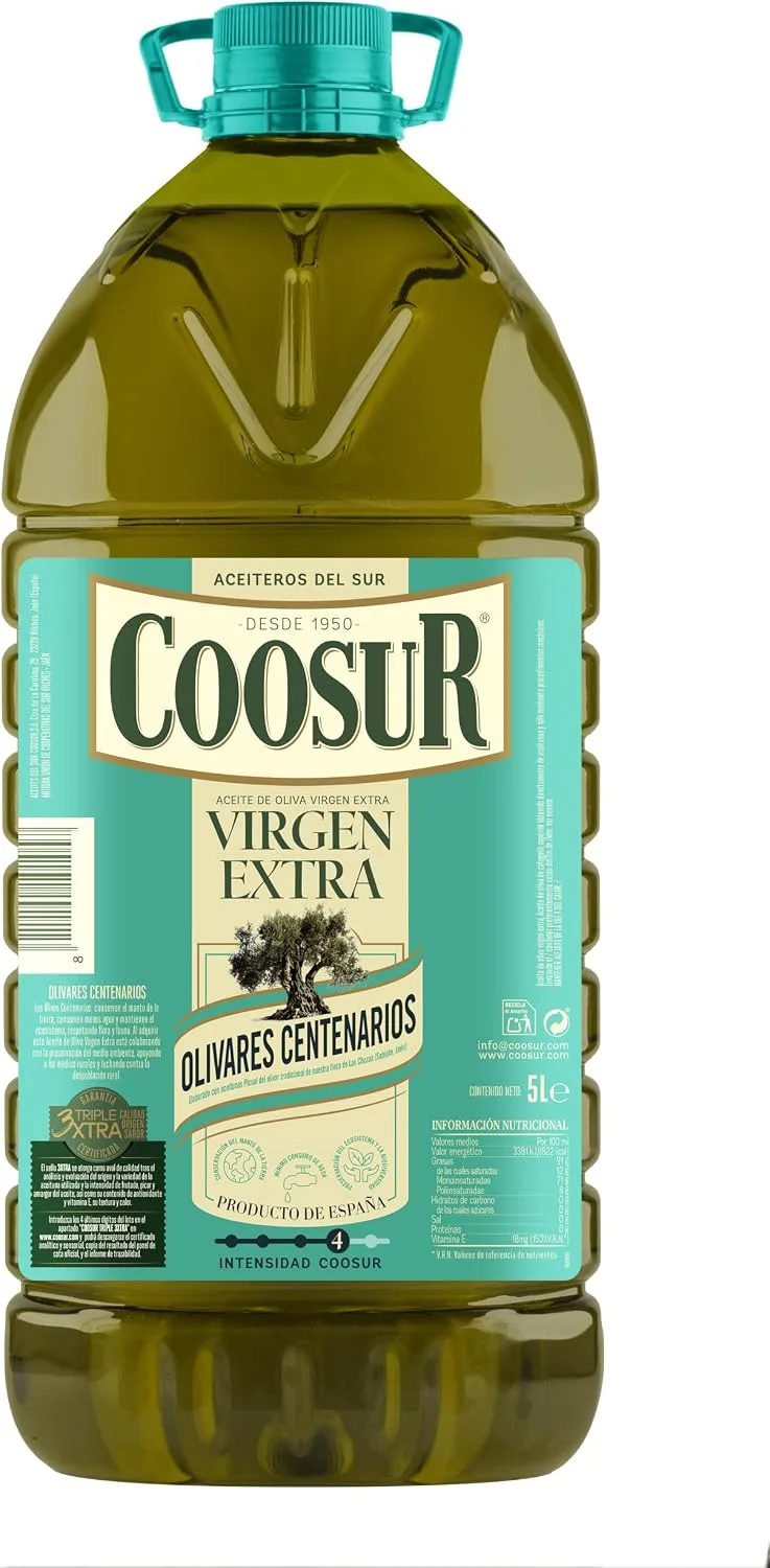 COOSUR ▫️ Azeite Virgem Extra de Oliveiras Centenárias, Garrafa de 5 L. 100% AOVE proveniente de azeitonas da variedade Picual, de oliveiras centenárias da nossa quinta Las Chozas, em Sabiote, Jaén. Aromático e intenso.