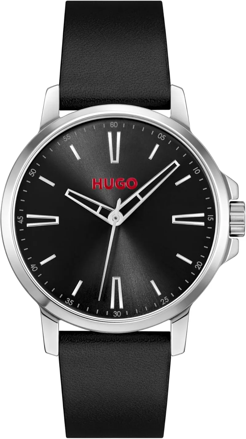 HUGO ▫️ Relógio de três ponteiros com movimento de quartzo para homem coleção #Smooth, com bracelete em pele preta, 1530417