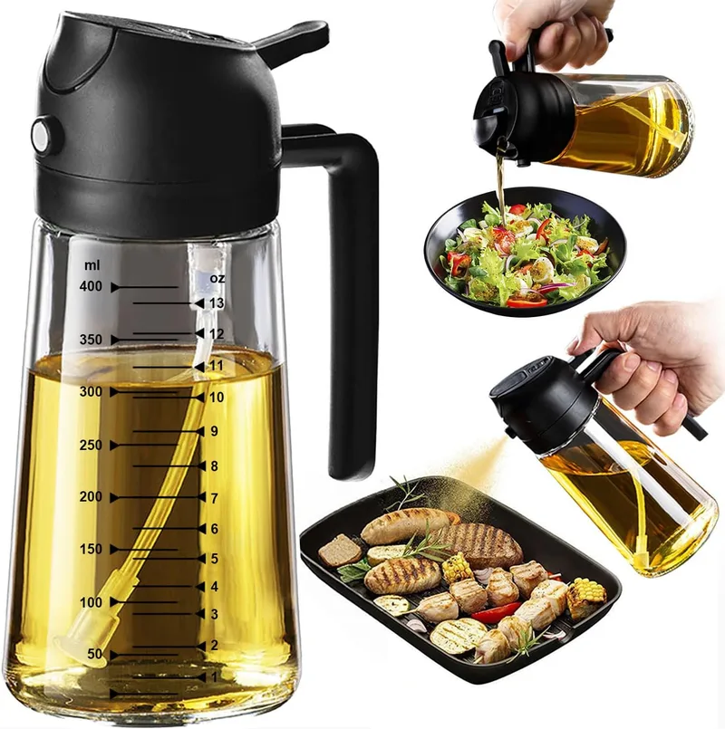 TrendPlain ▫️ Pulverizador de Óleo em Spray 470 ml - Spray de Óleo 2 em 1 para Cozinha, Dispensador para Fritadeira de Ar Quente, Saladas, Vinagre e Acessórios de Cozinha (1 unidade, Preto)