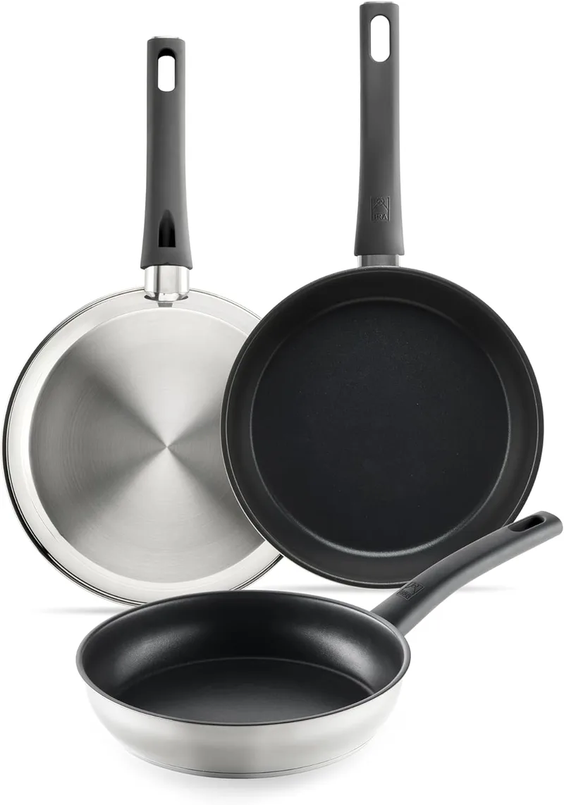BRA ▫️ Antistick Inox : Conjunto de 3 frigideiras 18/22/26 cm, alumínio forjado reciclado com revestimento antiaderente de titânio e superfície MetalTec, adequado para todos os tipos de fogões, incluindo indução.