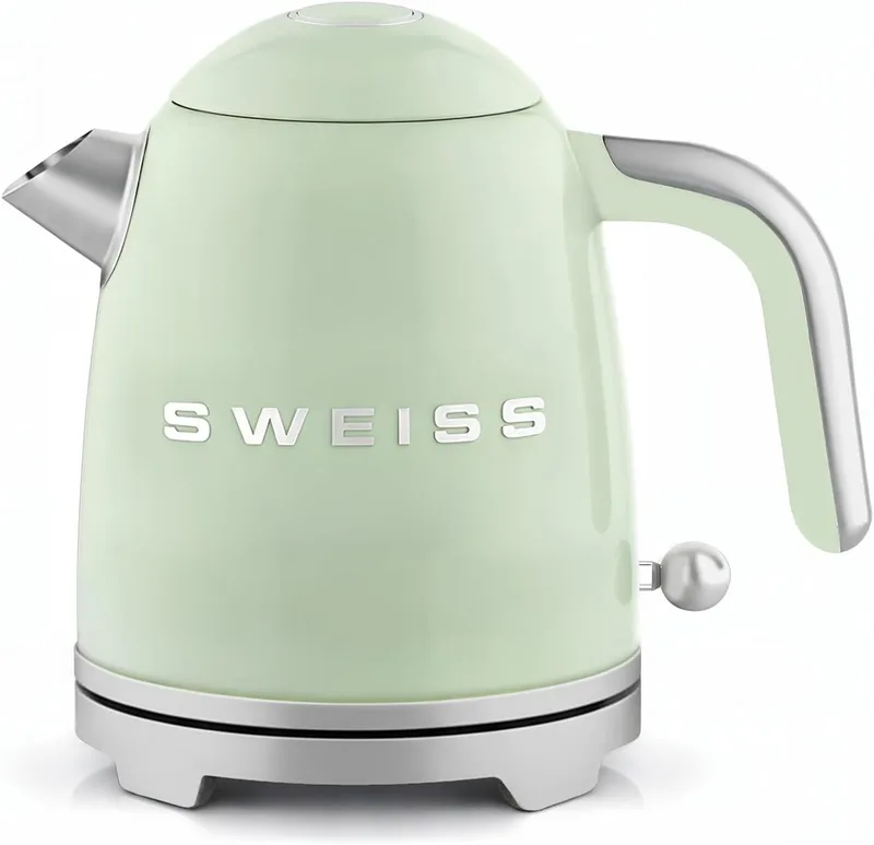 SWEISS ▫️ Chaleira eléctrica vintage KTS7, 1 L, aço inoxidável, compacta, 1000 W, prática, ebulição rápida, nível de água visível e graduado, desligamento automático, base giratória de 360°, verde
