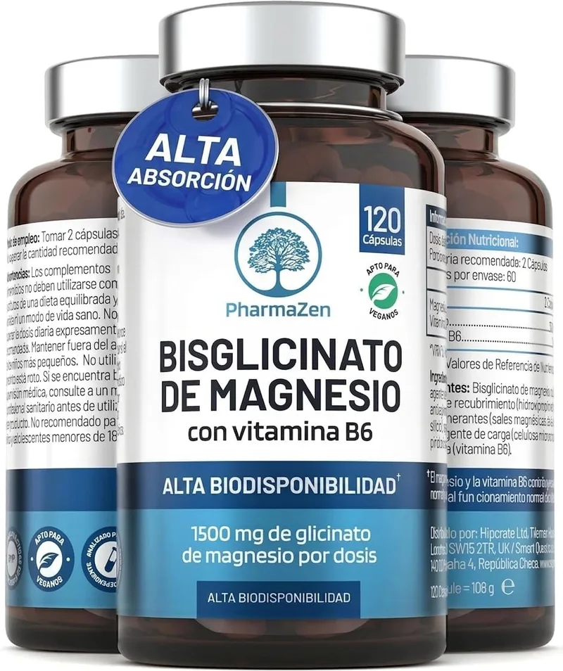 PharmaZen ▫️ Bisglicinato de magnésio 1500 mg com vitamina B6 - Sono e energia | 120 cápsulas veganas - 300 mg de magnésio puro - Glicinato de magnésio quelatado - Elevada absorção -