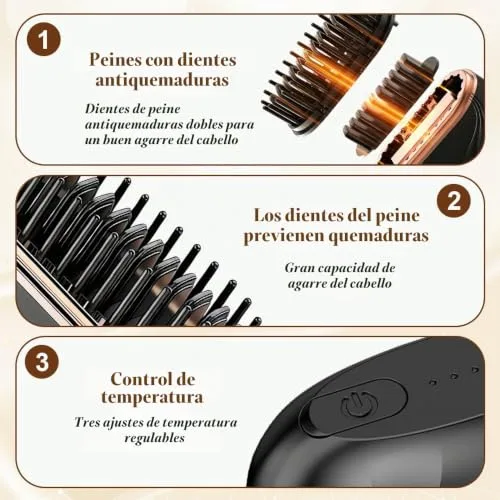 Wxeadu ▫️ Mini-placas sem fio, mini-escova alisadora, 3 níveis de temperatura, pente aquecido recarregável, pente alisador portátil para o trabalho, viagens, acampamentos e uso doméstico (preto) 3