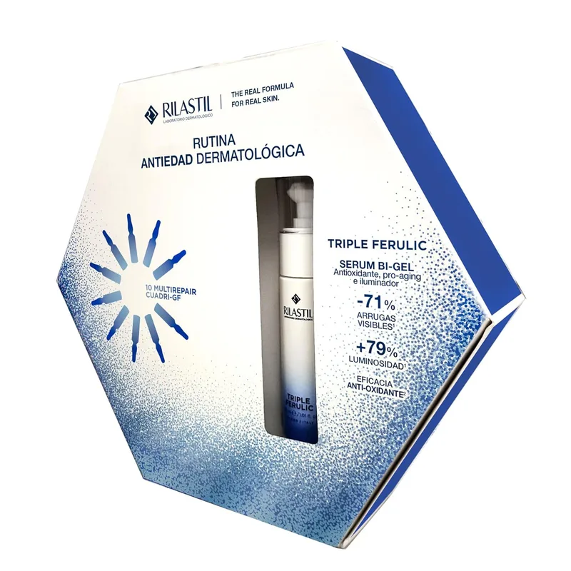 Rilastil ▫️ Pacote de Natal Radiance Triple Ferulic 30 ml e Cuadri GF 10 ampolas GRÁTIS, Sérum Anti-Envelhecimento, Luminosidade e Redensificação, Combate as Rugas, as Linhas de Expressão e a Oxidação