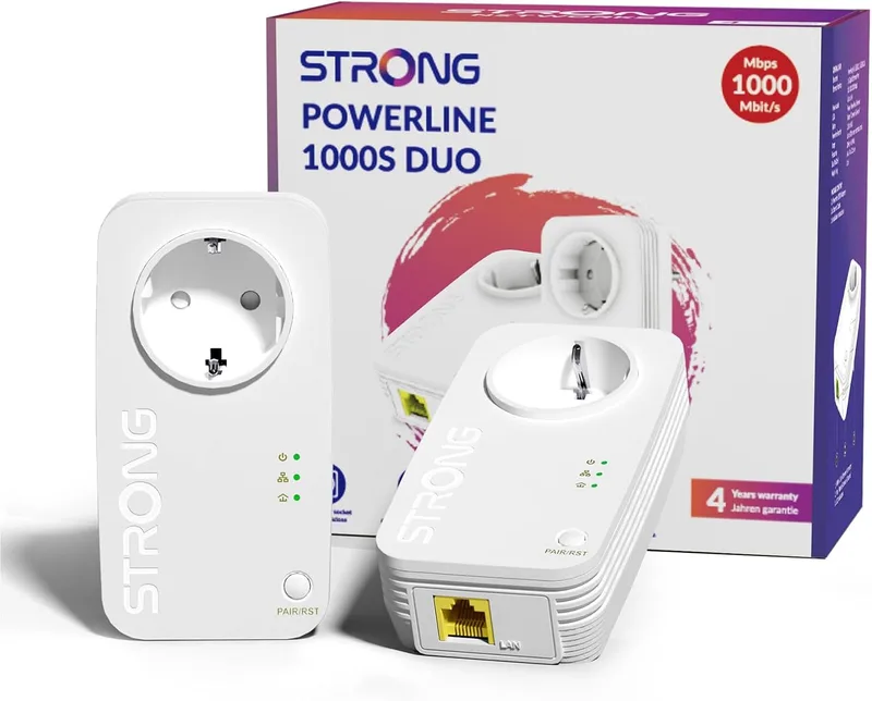 Strong ▫️ Adaptador Powerline AV1000 com ficha, repetidor Ethernet HomePlug AV2 PLC, portas Gigabit, ficha incorporada, Plug & Play, modo de poupança de energia, Internet Powerline (PL1000S)