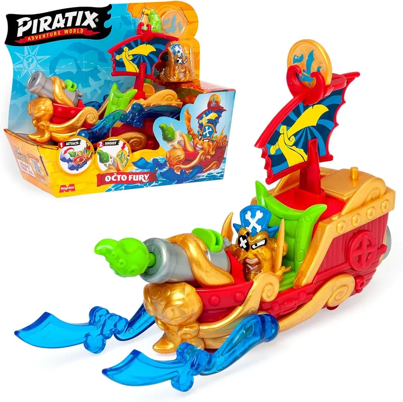 PIRATIX ADVENTURE WORLD ▫️ Octo Fury - Navio Pirata Polvo com Poderes Ocultos. Inclui 1 Navio Pirata, 1 Piratix Exclusivo, 1 Acessório, 1 Bandeira, 1 Tesouro Exclusivo e 1 Projétil.