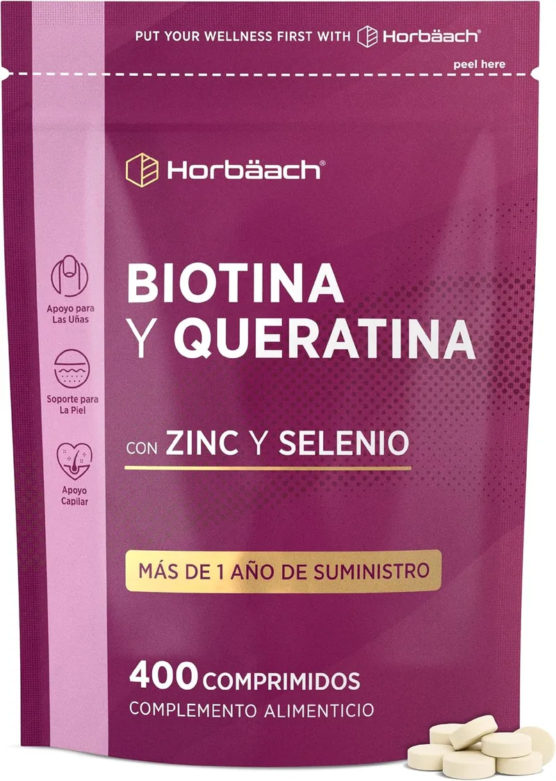 Horbäach ▫️ Biotina Max com Queratina, Zinco e Selénio | Mais de 1 ano de tratamento - 400 comprimidos | Complexo de vitamina B7 | Horbaach