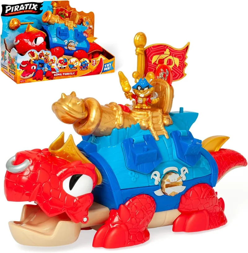 PIRATIX ADVENTURE WORLD ▫️ PIRATIX King Turtle - Tartaruga articulada para capturar o Piratix e com um baú de tesouro. Contém 1 crocodilo, 1 tesouro exclusivo, 2 tesouros dourados extra, 1 Piratix exclusivo e 1 acessório.