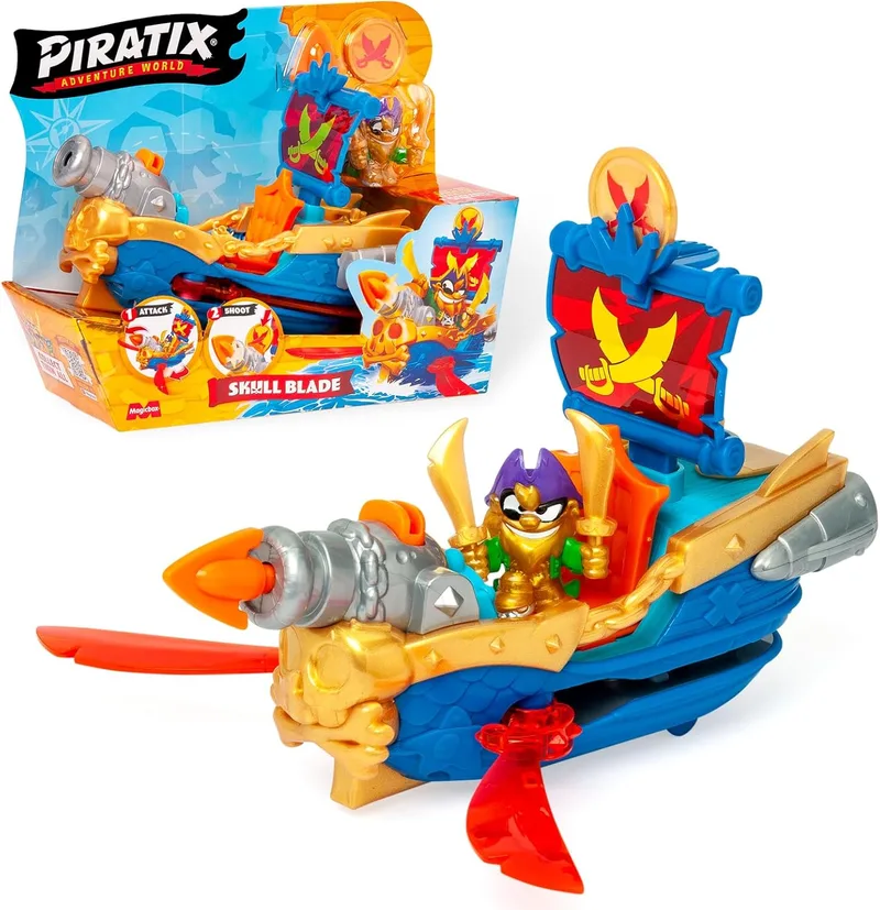 PIRATIX ADVENTURE WORLD ▫️ PIRATIX, Adventure World Skull Blade - Navio Pirata com Poderes Ocultos, Inclui 1 Navio Pirata, 1 Piratix Exclusive, 1 Acessório, 1 Bandeira, 1 Tesouro Exclusivo e 1 Projétil