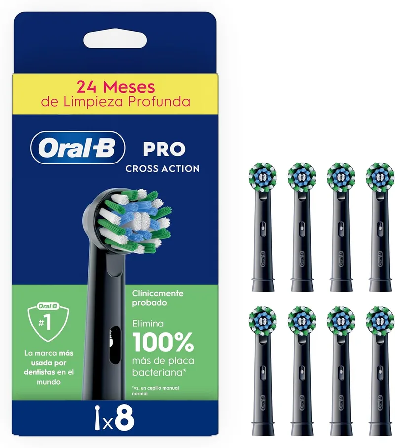Oral-B ▫️ Pro CrossAction - Cabeças de substituição originais, pretas, embalagem de 8 | Recambios para a escova de dentes elétrica Pro, com indicador de uso e filamentos em forma de X para uma limpeza profunda