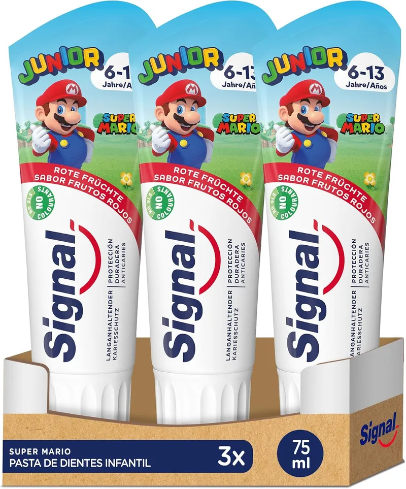 Signal ▫️ Pasta de Dentes Júnior 6-13 anos, Sabor a Frutos Vermelhos, para dentes de leite e definitivos, 75 ml x 1 (Embalagem de 3)