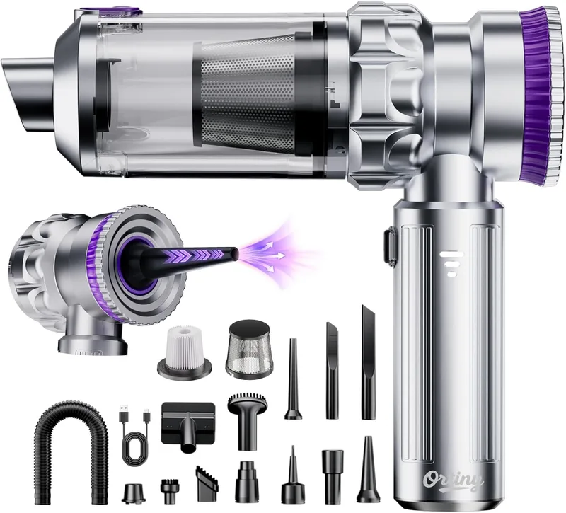 Ortiny ▫️ Aspirador de mão, aspirador de pó sem fio 28000PA com copo coletor de pó grande, aspirador de carro 4 em 1 com motor sem escova, mini aspirador de pó de 3 níveis para carro, pêlos de animais, casa, etc.
