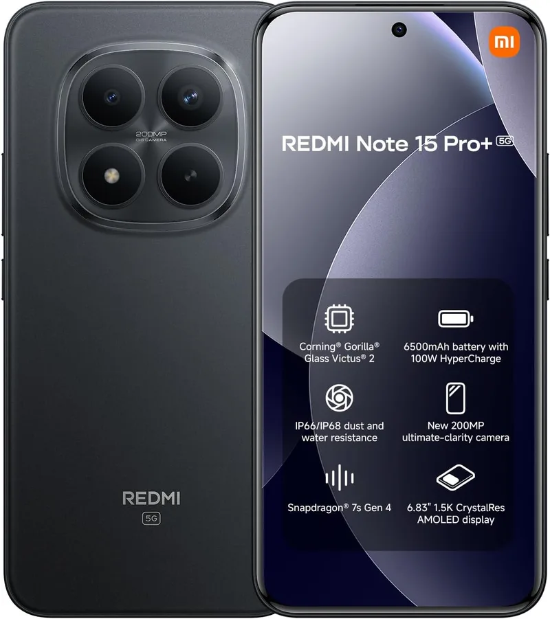 XIAOMI ▫️ REDMI Note 15 Pro+ 5G - Smartphone de 8+256 GB, ecrã AMOLED de 6,83" 1,5K, Snapdragon 7s Gen 4, câmara de 200 MP, Hypercharge 100W, carregador não incluído, preto (versão ES)