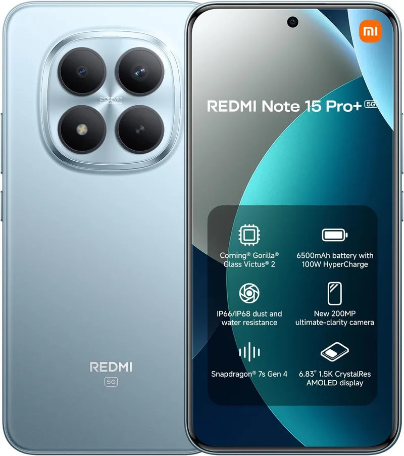 XIAOMI ▫️ REDMI Note 15 Pro+ 5G - Smartphone de 8+256 GB, ecrã AMOLED de 6,83" 1,5K, Snapdragon 7s Gen 4, câmara de 200 MP, Hypercharge 100W, carregador não incluído, azul glaciar (versão ES)