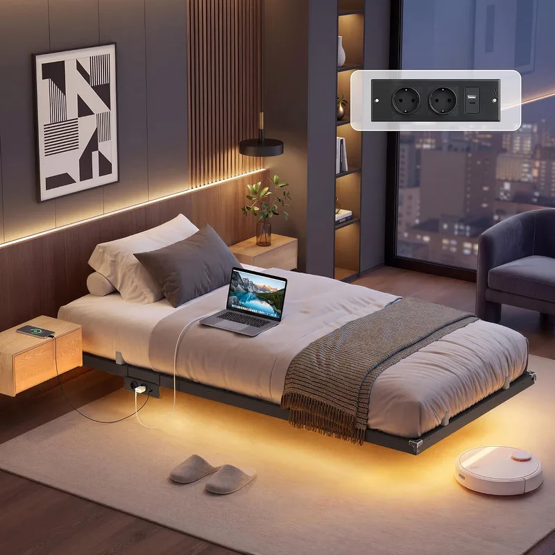 VASAGLE ▫️ Estrutura de cama 90 x 190 cm, luzes LED, estação de carregamento removível, 2 tomadas CA, 1 porta USB-C, 1 porta USB-A, 1 na parte traseira, suporta até 250 kg, Preto Tinta RMB171B101