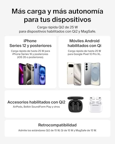 Belkin ▫️ Carregador sem fios magnético UltraCharge Qi2 de 25 W, carregamento rápido, compatível com MagSafe, refrigeração passiva e suporte, para a série iPhone 17, Pixelsnap e AirPods Pro - Preto 6